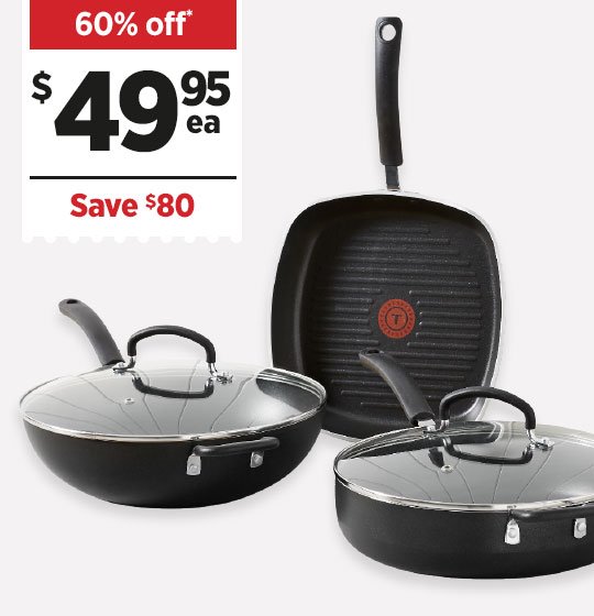 TEFAL Specialty PTFE Grillpan 28cm, Sautepan with Lid 30cm or Wok with Lid 32cm