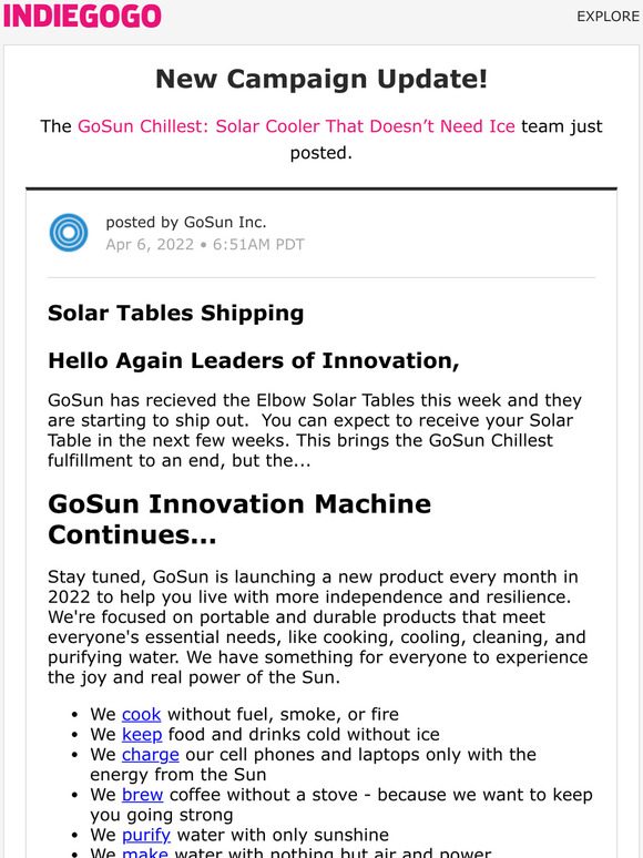 Indiegogo Update 16 from GoSun Chillest Solar Cooler That Doesnt
