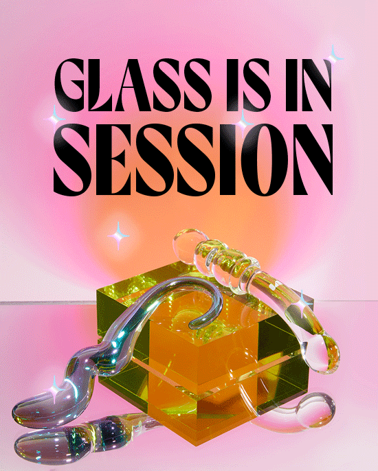 glass is in session text overlay on an image of gem and stellar glass dildos