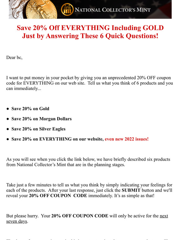 National Collector's Mint Answer 6 Questions & Save 20 On EVERYTHING