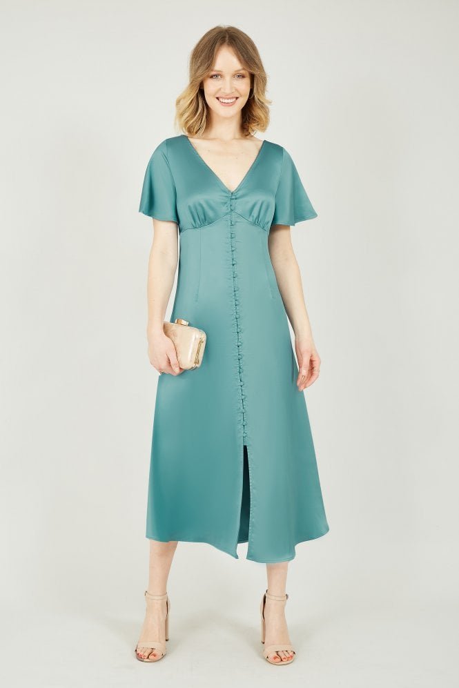 Yumi Blue Satin Button Down Midi Dress