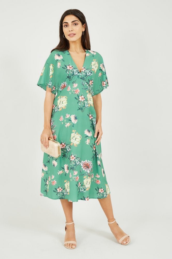 Sage Green Oriental Blossom Print Kimono Dress