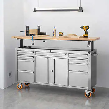 TRINITY PRO 72-inch Stainless Steel Rolling Workbench with Adjustable-Height Top