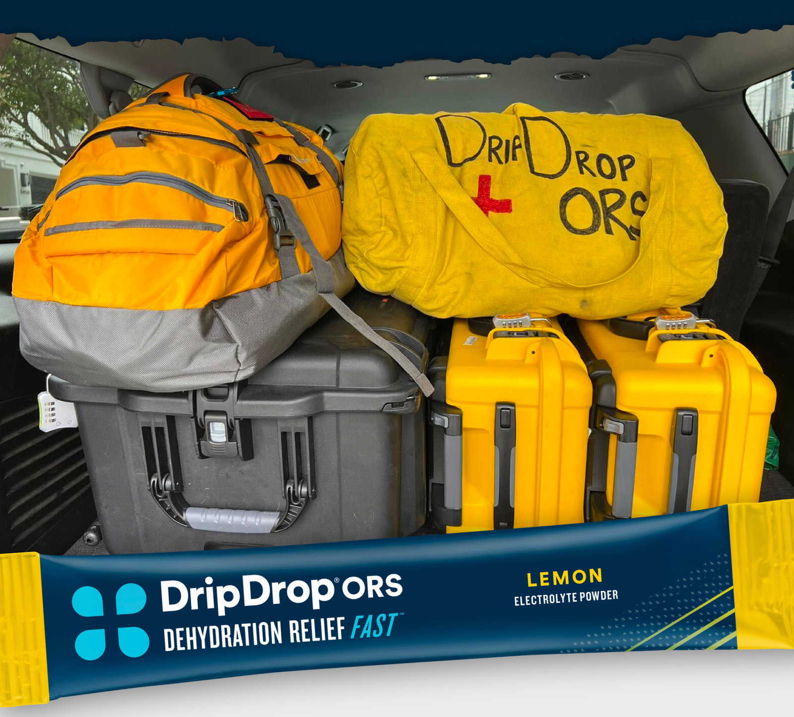 Bags packed with medical supplies and DripDrop to provide aid to those in need.