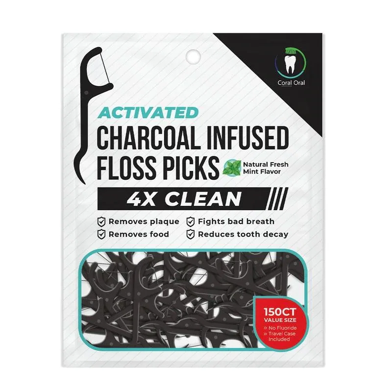 Image of Activated Charcoal Infused Floss Picks - 150 Count with Travel Case | Coral Oral