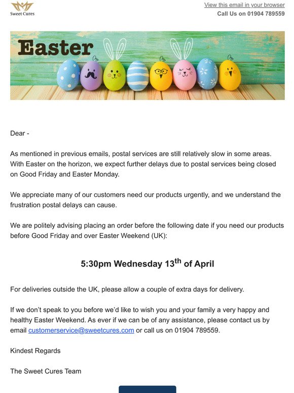 Sweet Cures Easter Opening Times & Deliveries