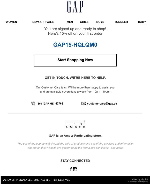 Welcome to Gap! Here's your 15% discount code