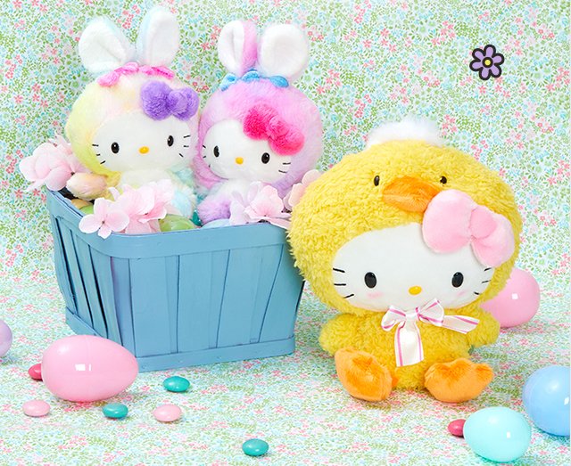 Hello Kitty Easter Bunny Plush in a blue basket next to Hello Kitty Spring Chick Plush