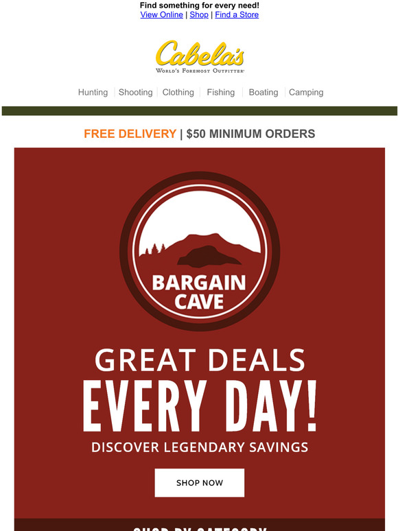 Cabelas Shop & Save at the Bargain Cave! Milled