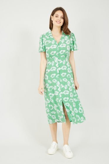 Green Floral Midi Shirt Dress