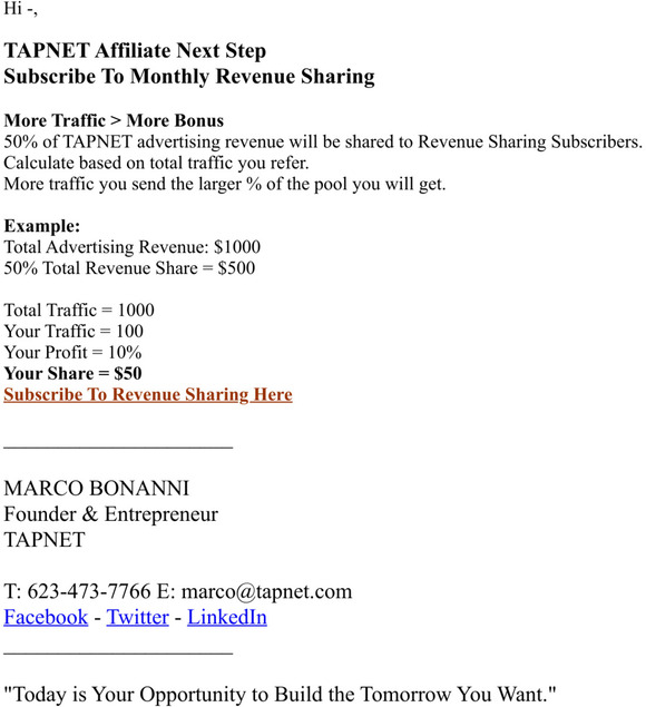 TAPNET Affiliate Next Step - Revenue Sharing