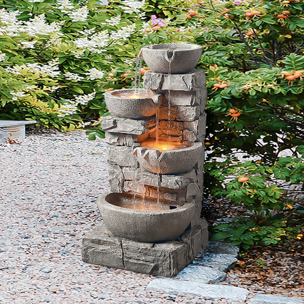 TEAMSON HOME STACKED STONE TIERED BOWL WATERFALL FOUNTAIN W/ LED LIGHT, GRAY