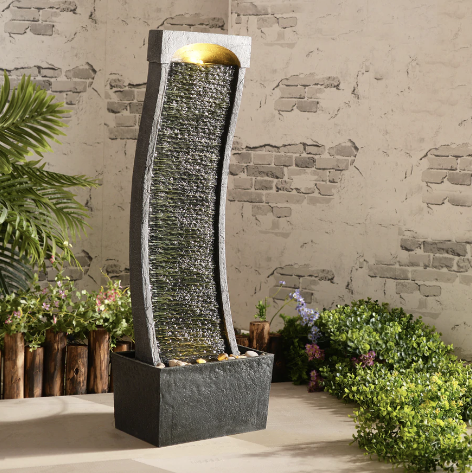 TEAMSON HOME INDOOR/OUTDOOR MODERN CURVED SLATE STONE-LOOK TALL WATERFALL FOUNTAIN WITH LED LIGHTS