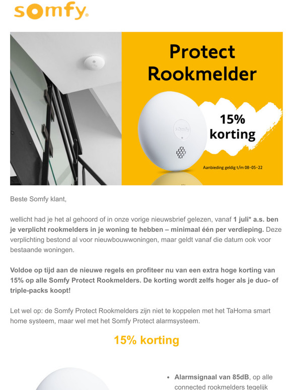 Bespaar tot 30% op Somfy Protect rookmelders!