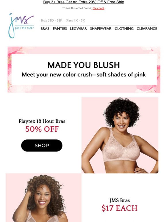 Just My Size: JMS Pure Comfort Bra With Moisture Control 3/$36
