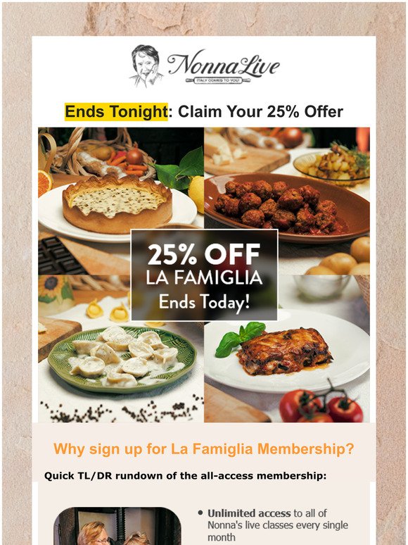 Last Call: Save 25% By Signing Up Today For Nonna's Monthly Membership