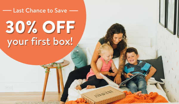 A mom and her two kids read a picture book together. Text reads "Last chance to save 30% off your first box!"