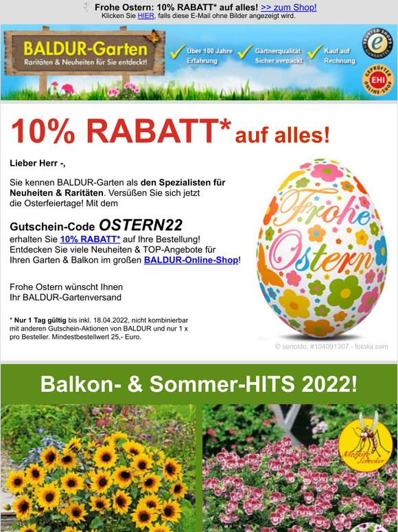 BALDURGarten Frohe Ostern 10 RABATT* auf alles, Herr Milled
