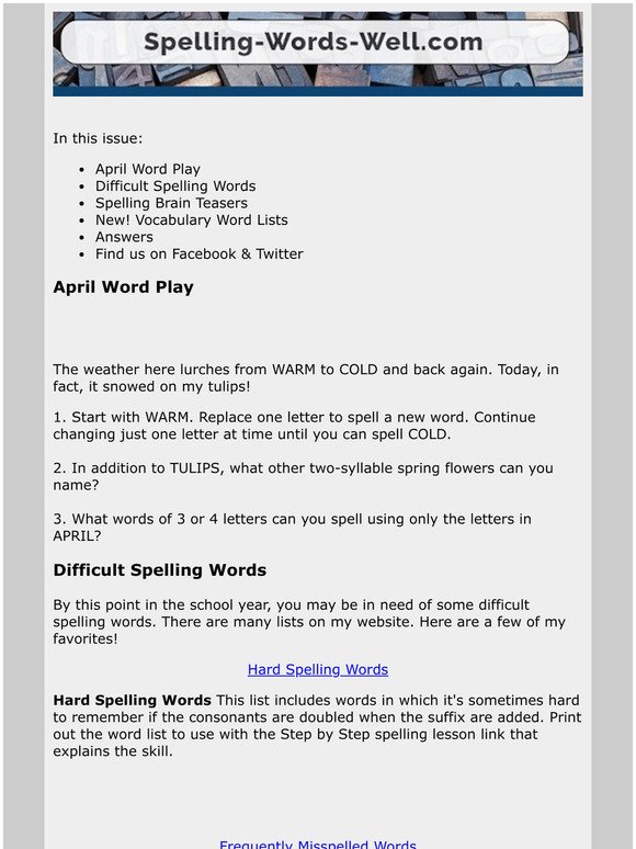 April Word Play, Difficult Spelling Words, Spelling Brain Teasers