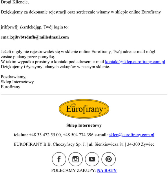 Sklep Eurofirany - potwierdzenie rejestracji dla uytkownika --