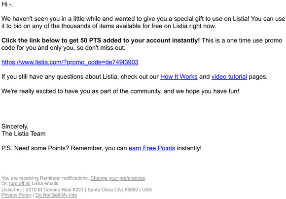 We miss you! Here's a 50 PTS bonus to use on Listia