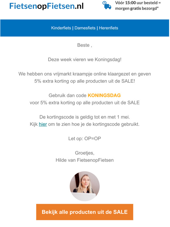  5% extra korting op alle fietsen uit de SALE met code KONINGSDAG