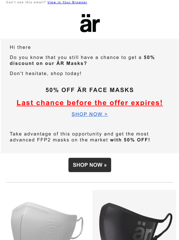 Get 50% off R Face Masks now  Last chance before the offer expires!
