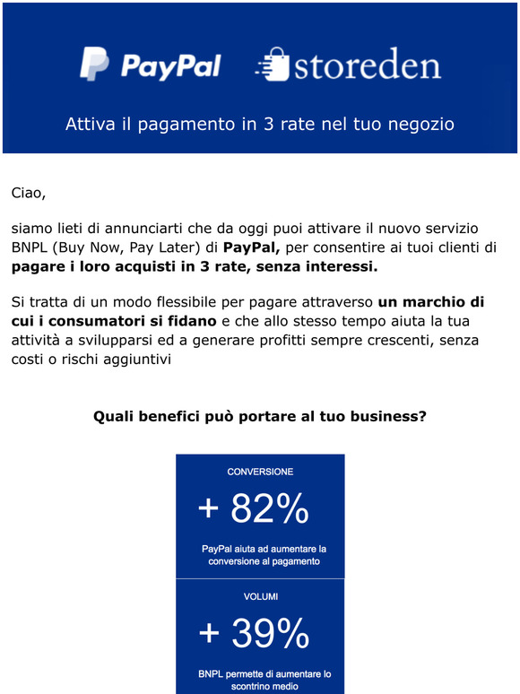 Attiva il pagamento in 3 rate nel tuo shop Storeden: