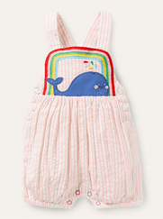 Appliqué Whale Woven Romper - Ivory/Pink Ticking Whale