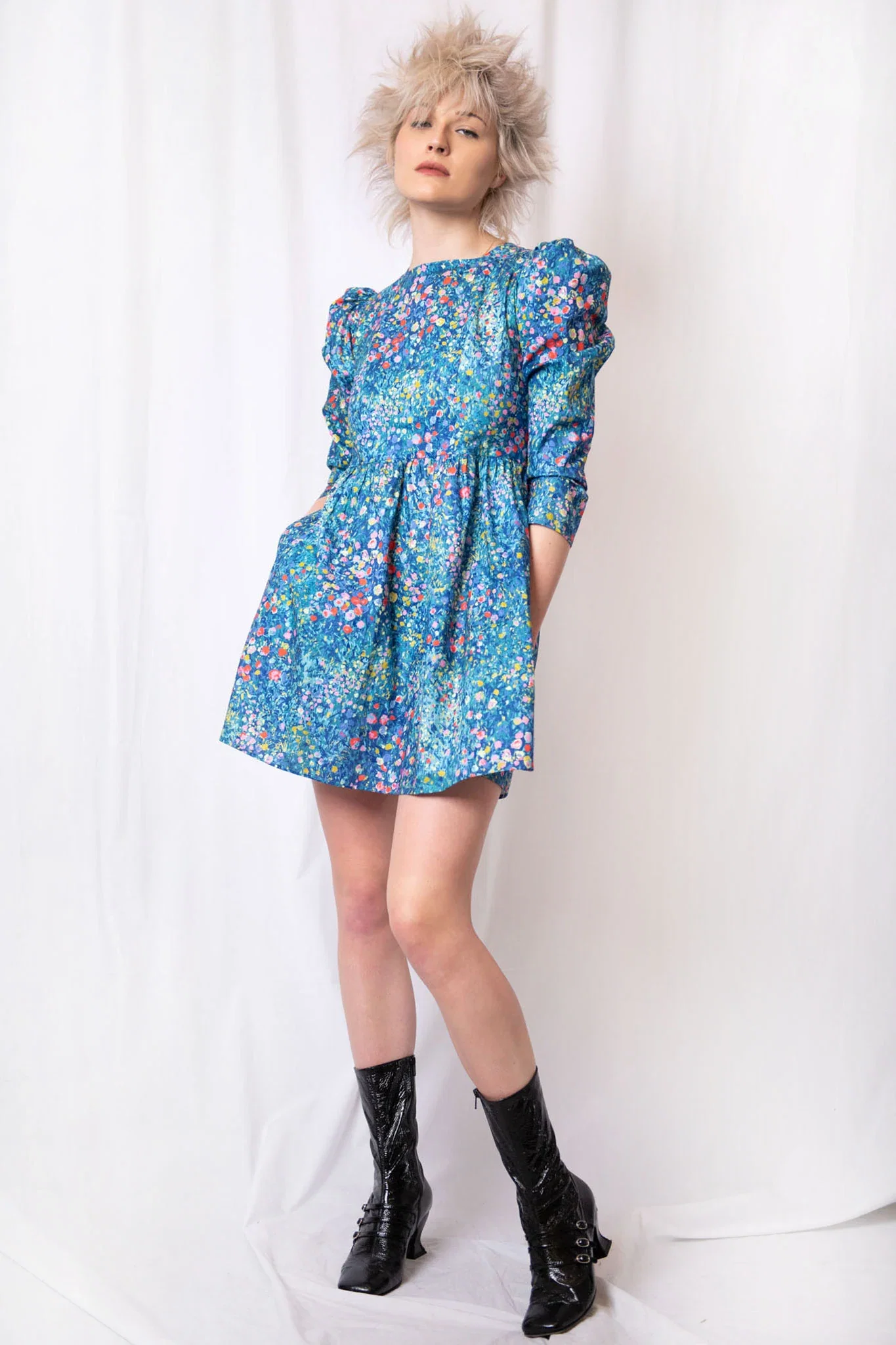 Image of Square Neck Mini Prairie Dress in Blue Monet