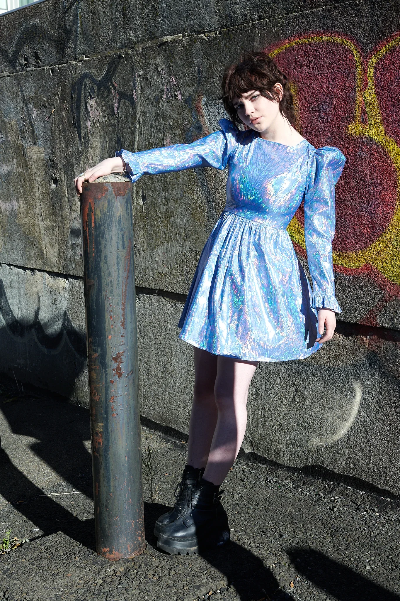 Image of Square Neck Mini Prairie Dress in Blue Holographic Lamé