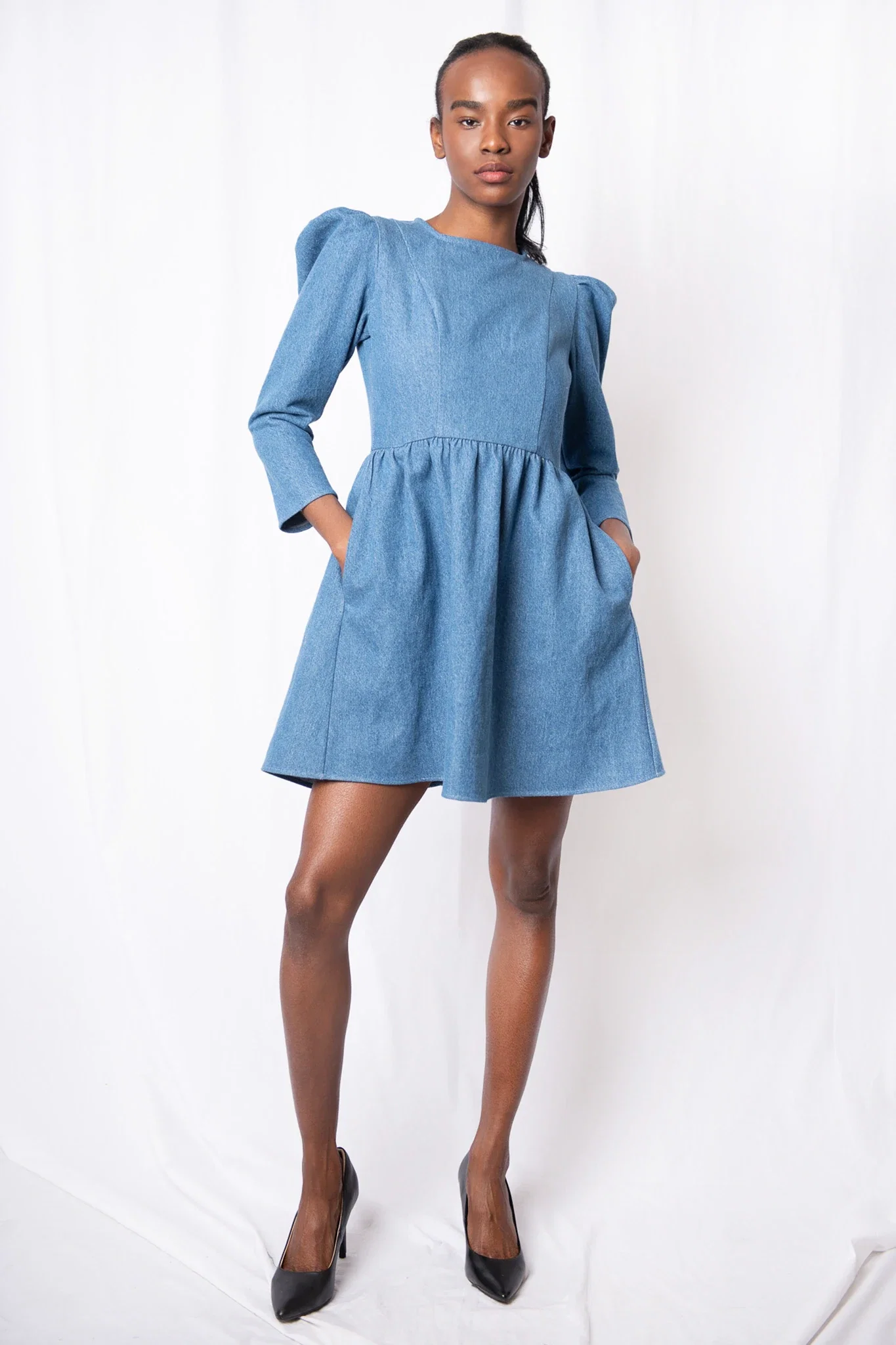 Image of Square Neck Mini Prairie Dress in Blue Denim