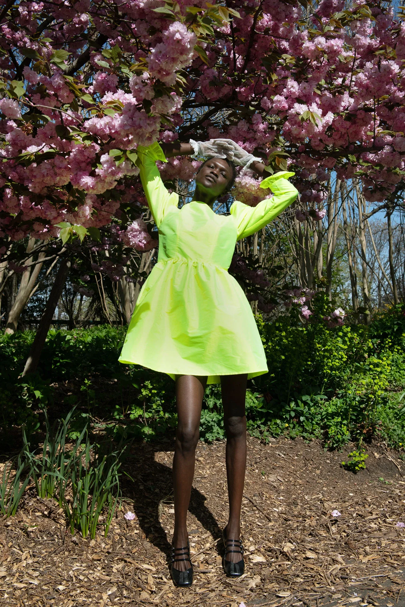 Image of Square Neck Mini Prairie Dress in Neon Yellow Taffeta