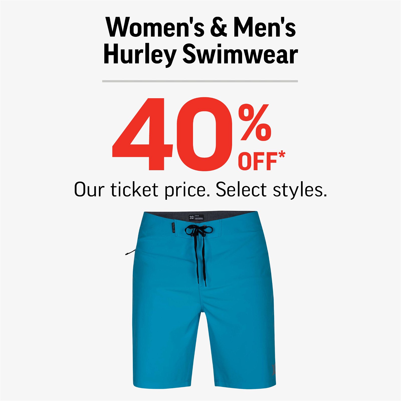 WOMENS & MEN'S HURLEY SWIMWEAR 40% OFF