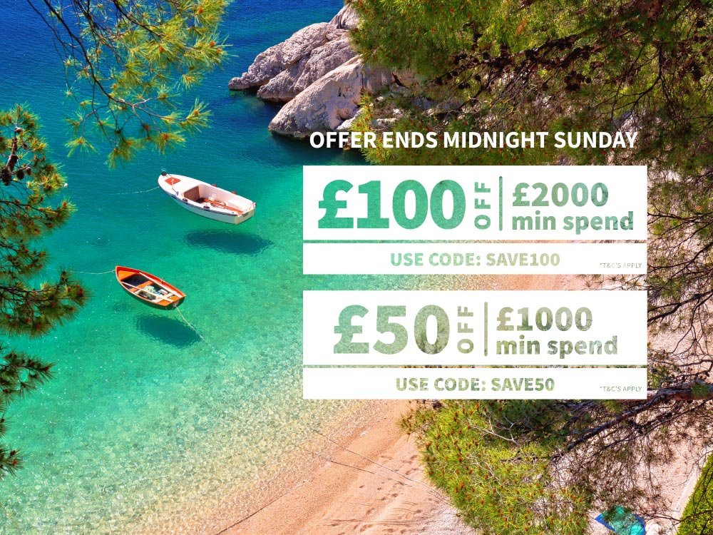 Spend up to £1000 and get £50 off or spend up to £2000 and get £100 off. Offer ends midnight Sunday
