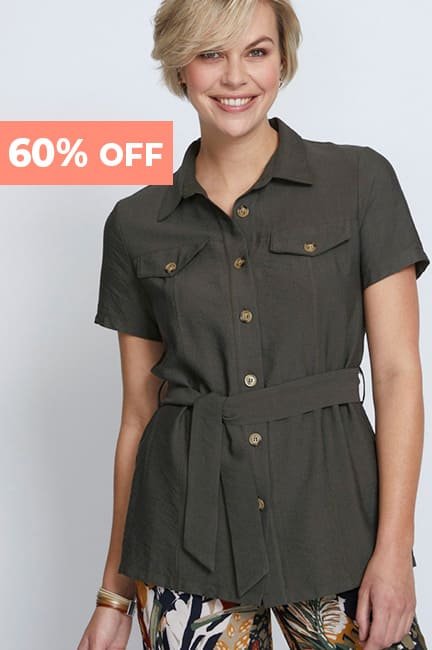 Belted safari jacket with short sleeves