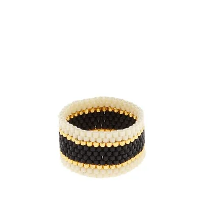 Wide Beaded Ring with Glass Beads in Black, Gold