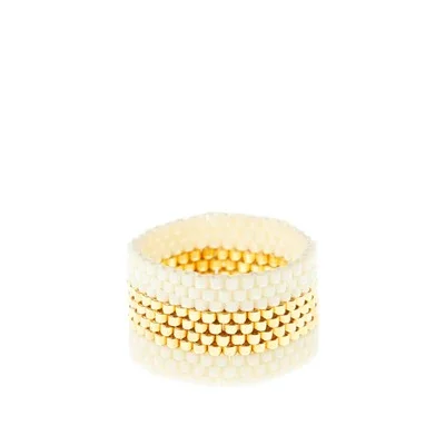 Wide Beaded Ring with Glass Beads in Gold, White