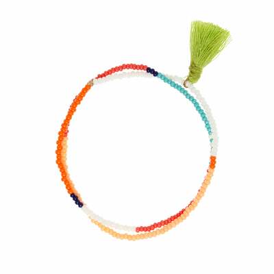 Elastic Beaded Wrap Bracelet with Tassel in Orange, White
