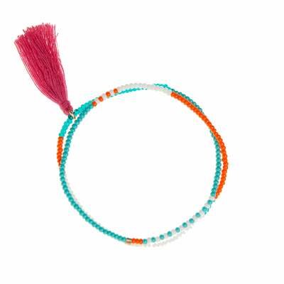 Elastic Beaded Wrap Bracelet with Tassel in Orange, Turquoise