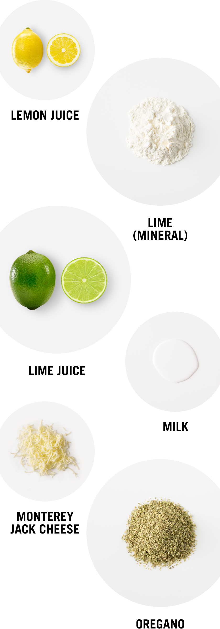 - Lemon Juice - Lime - Lime Juice - Milk - Monterey Jack Cheese - Oregano
