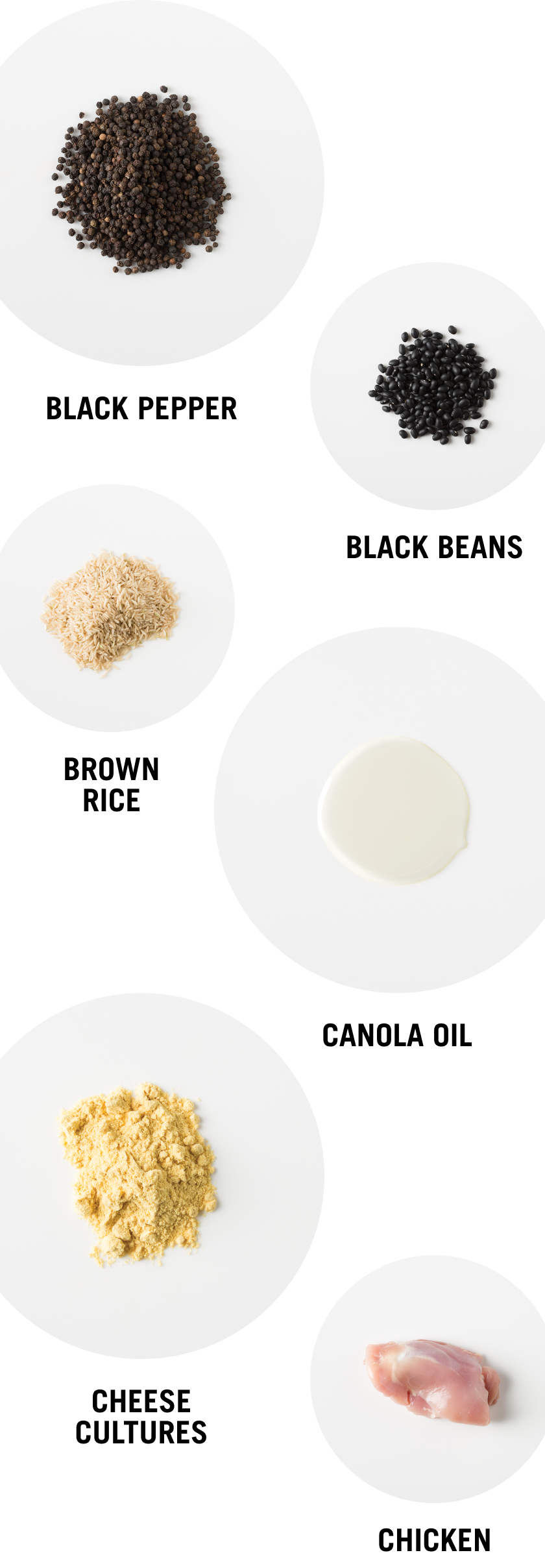 Black Pepper - Black Beans - Brown Rice - Canola oil - Cheese Cutleres - Chicken