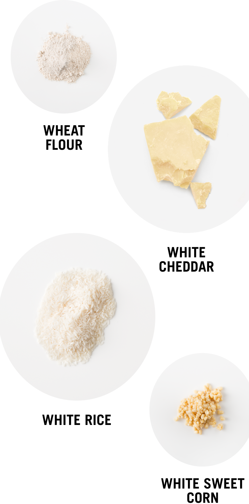 Wheat Flour - White Cheddar - White Rice - White Sweet Corn