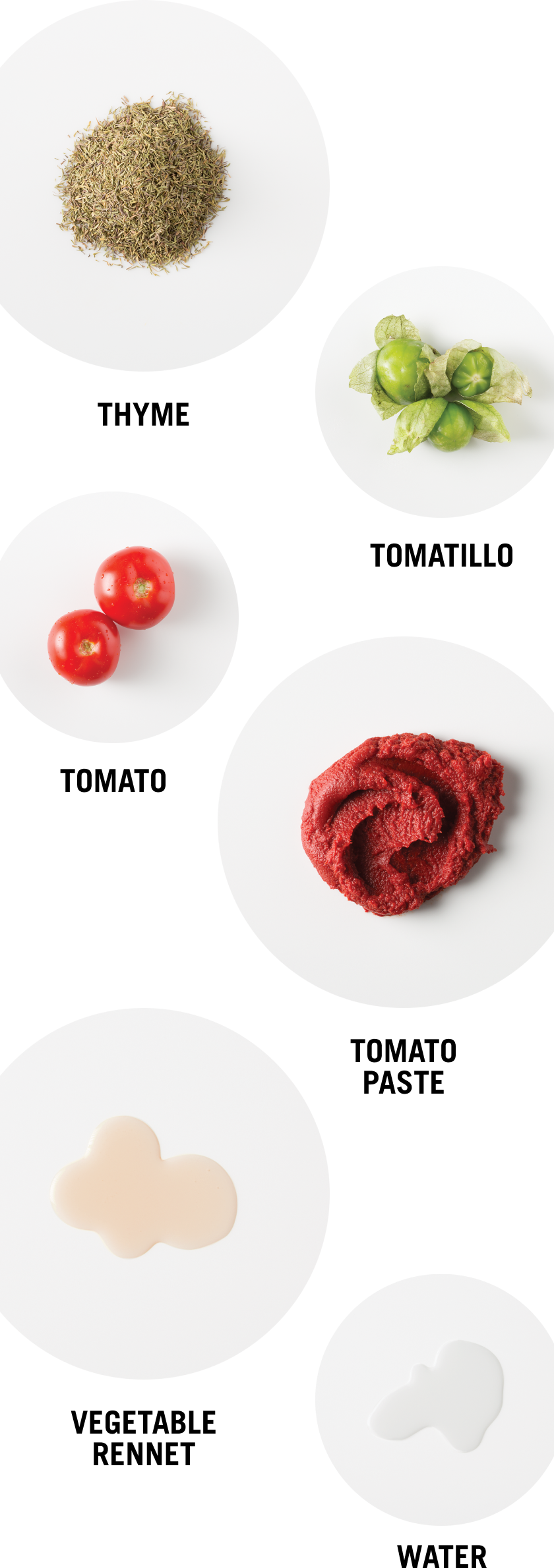 Thyme - Tomatilo - Tomato - Tomato Paste - Vegetable Rennet - Water
