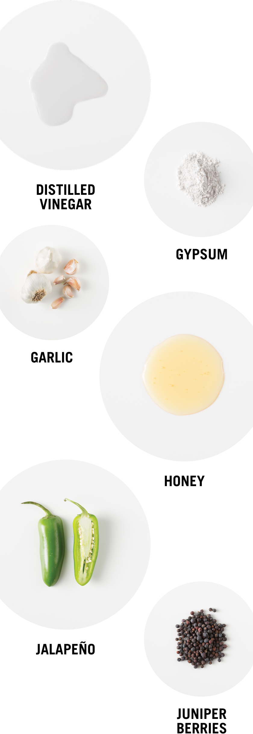 Distilled Vinegar - Gypsum - Garlic - Honey - Jalapeno - Juniper Berries