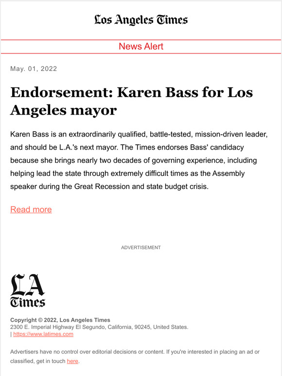 Los Angeles Times Times Endorsement Karen Bass for Los Angeles mayor