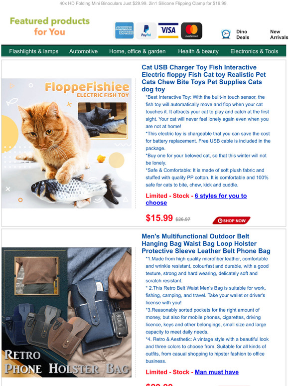 Clearance Sale:Cat Electric Fish Toy Just $15.99.Retro Phone Holster Bag for $29.99.