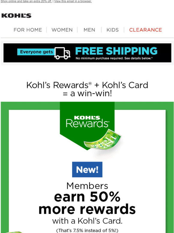 Kohl's Starting today Kohl's Rewards members now earn 50 more rewards