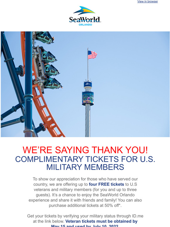 SeaWorld Parks Military Appreciation Month Free Tickets for U.S