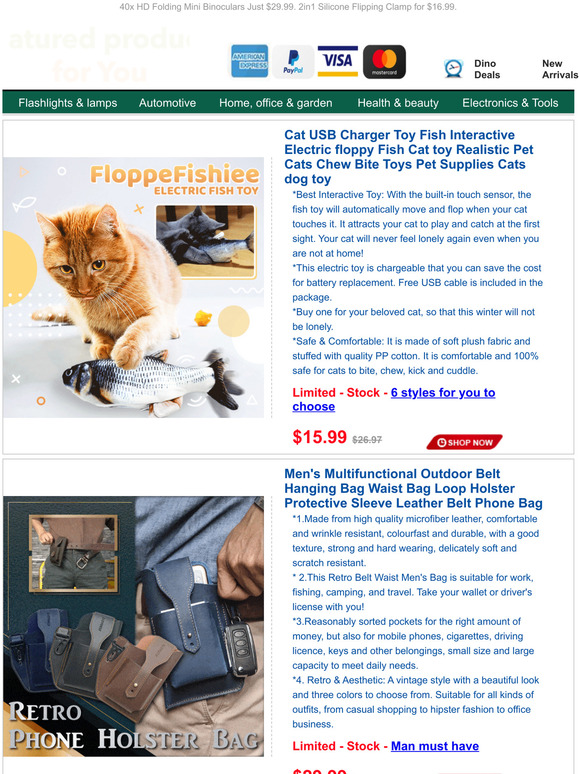 Clearance Sale:Cat Electric Fish Toy Just $15.99.Retro Phone Holster Bag for $29.99.